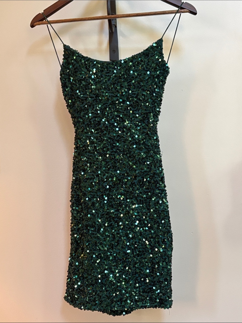 B Darlin Dark Green Sequin Mini Dress with Spaghetti Straps